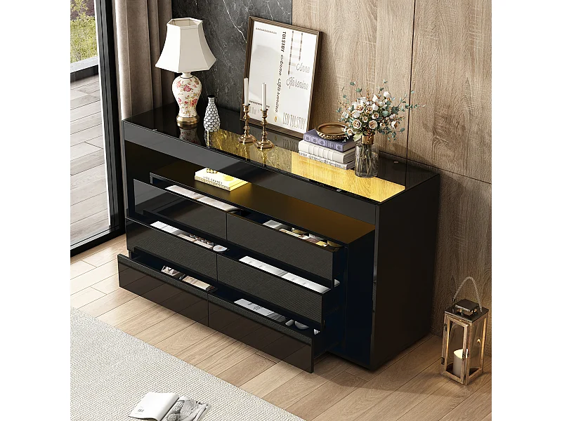 Commode noir avec 6 tiroirs et éclairage LED, plateau en verre trempé 140x40x72cm