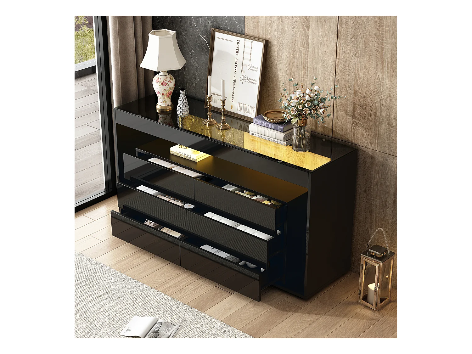 Commode noir avec 6 tiroirs et éclairage LED, plateau en verre trempé 140x40x72cm