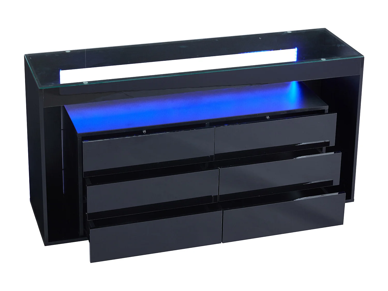 Commode noir avec 6 tiroirs et éclairage LED, plateau en verre trempé 140x40x72cm