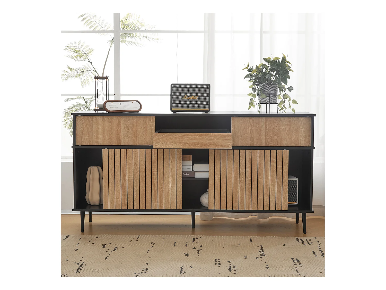 Buffet avec 4 portes coulissantes et 1 tiroir, naturel + noir 160x40x80cm