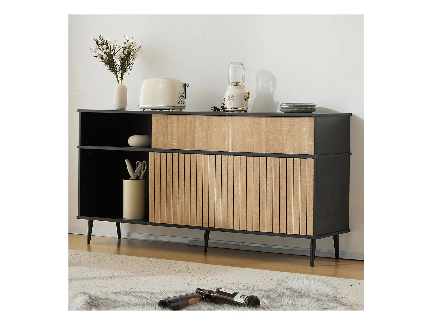 Buffet avec 4 portes coulissantes et 1 tiroir, naturel + noir 160x40x80cm