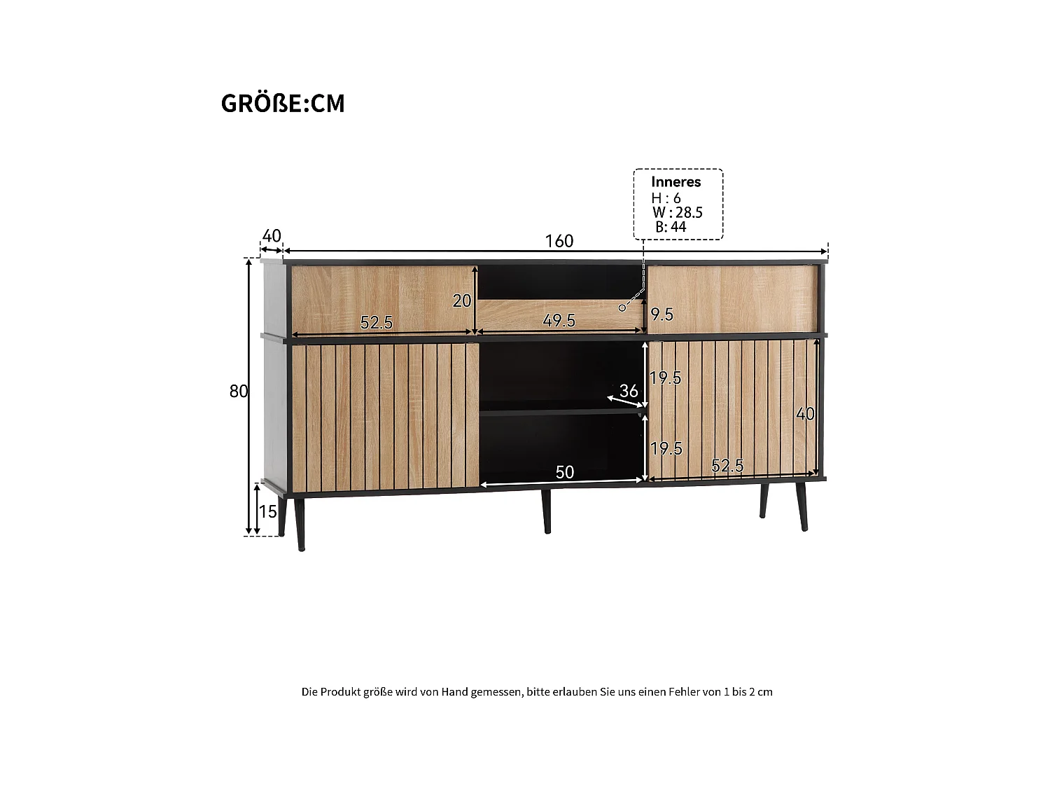 Buffet avec 4 portes coulissantes et 1 tiroir, naturel + noir 160x40x80cm