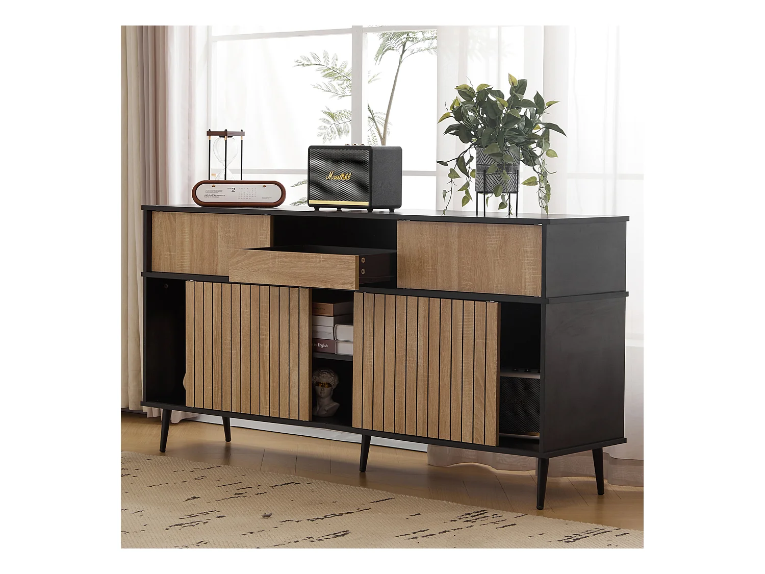 Buffet avec 4 portes coulissantes et 1 tiroir, naturel + noir 160x40x80cm