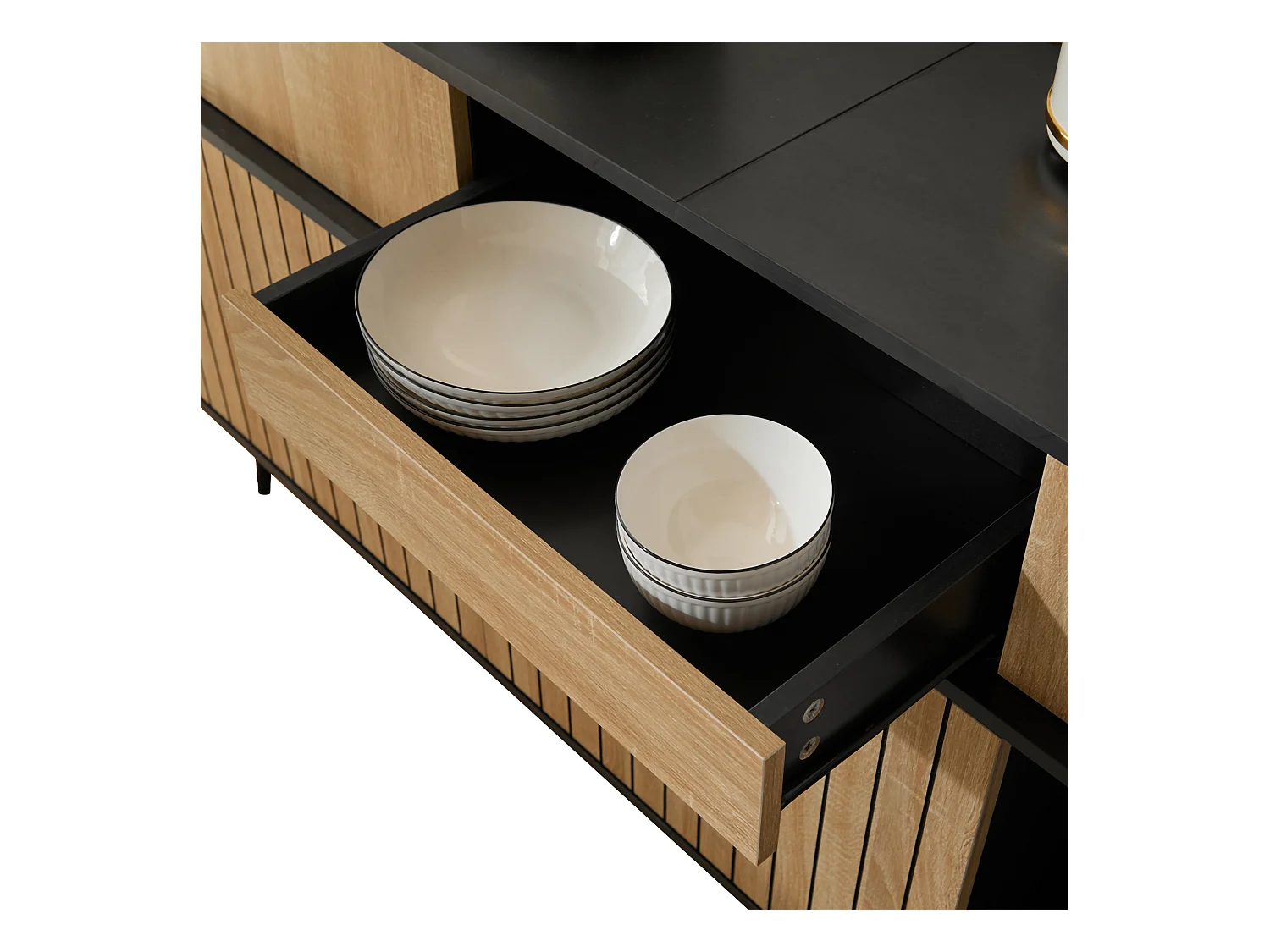 Buffet avec 4 portes coulissantes et 1 tiroir, naturel + noir 160x40x80cm