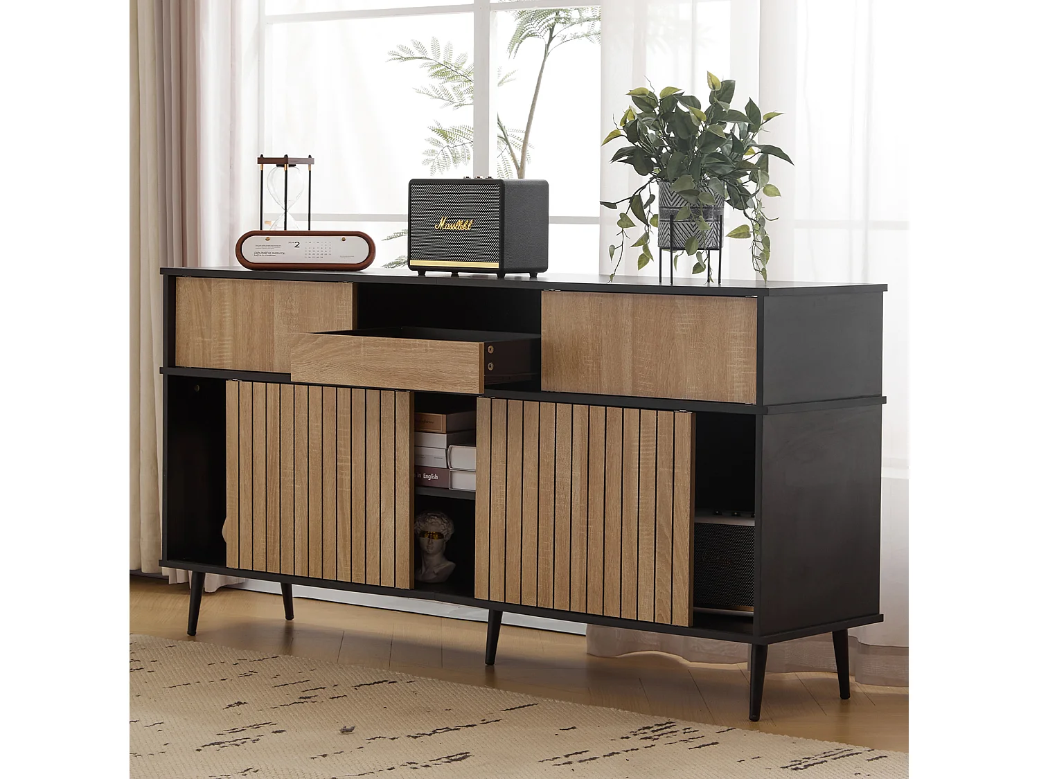 Buffet avec 4 portes coulissantes et 1 tiroir, naturel + noir 160x40x80cm