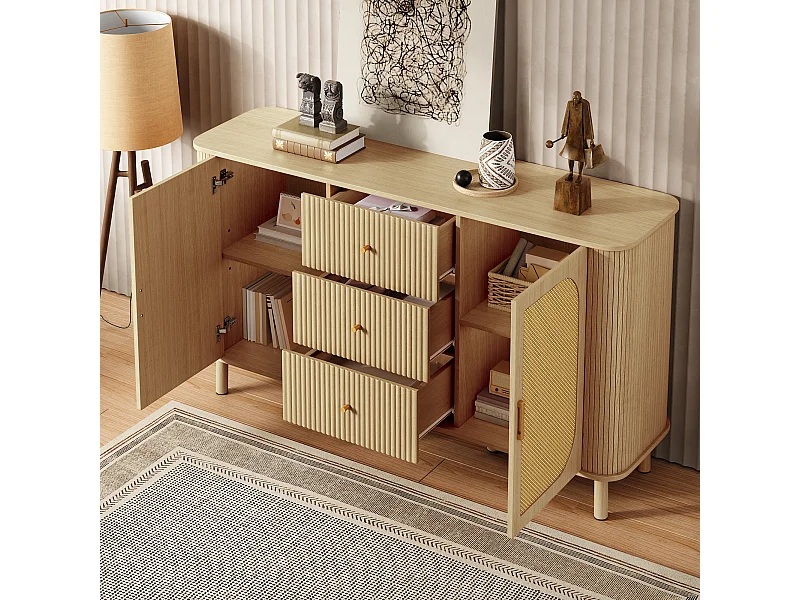 Buffet naturel clair avec 3 tiroirs et 2 portes en rotin, pieds en métal aspect bois, 140x40x80cm