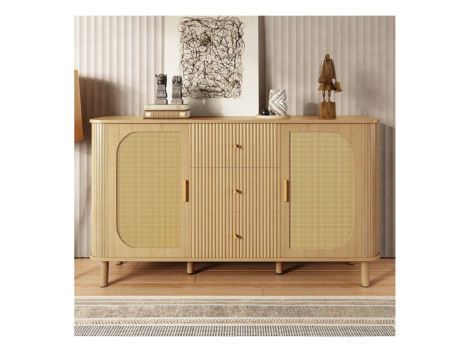 Buffet naturel clair avec 3 tiroirs et 2 portes en rotin, pieds en métal aspect bois, 140x40x80cm