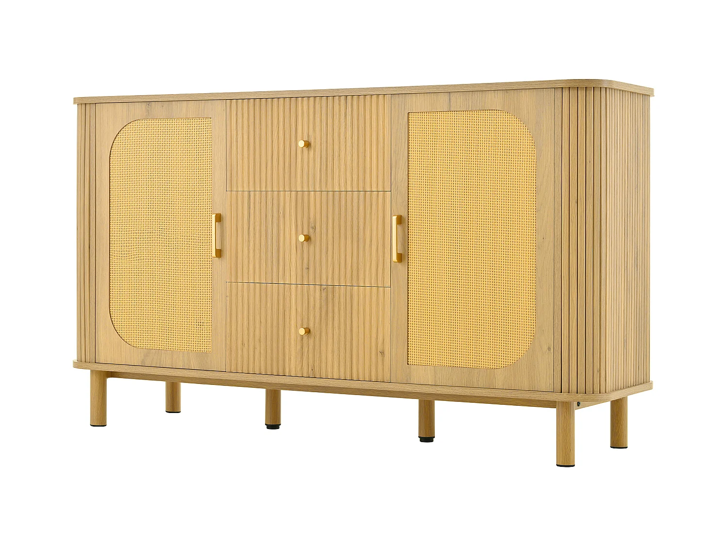 Buffet naturel clair avec 3 tiroirs et 2 portes en rotin, pieds en métal aspect bois, 140x40x80cm