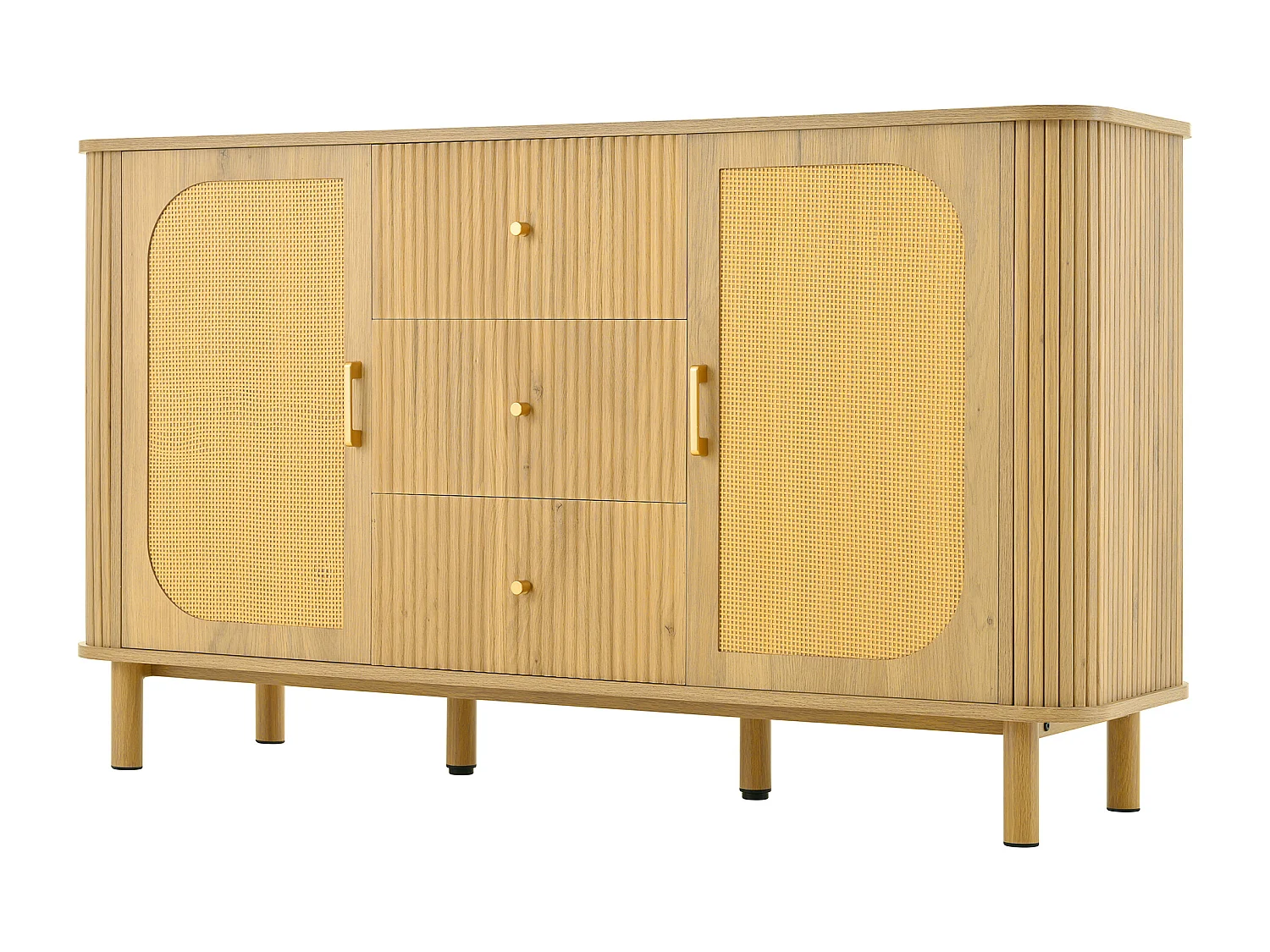 Licht naturel dressoir met 3 lades en 2 rotan deuren, poten van metaal met houtlook, 140x40x80cm