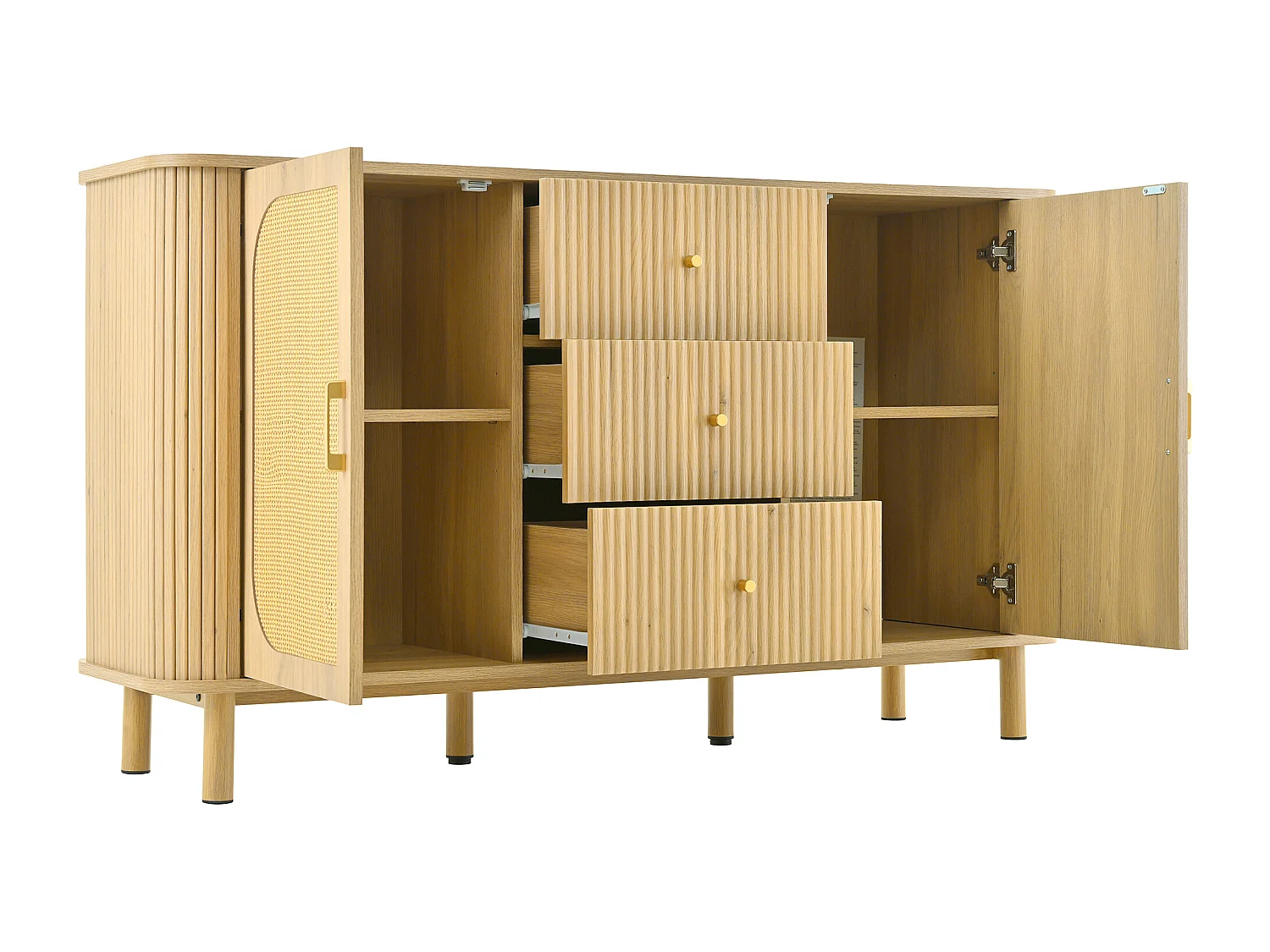 Licht naturel dressoir met 3 lades en 2 rotan deuren, poten van metaal met houtlook, 140x40x80cm