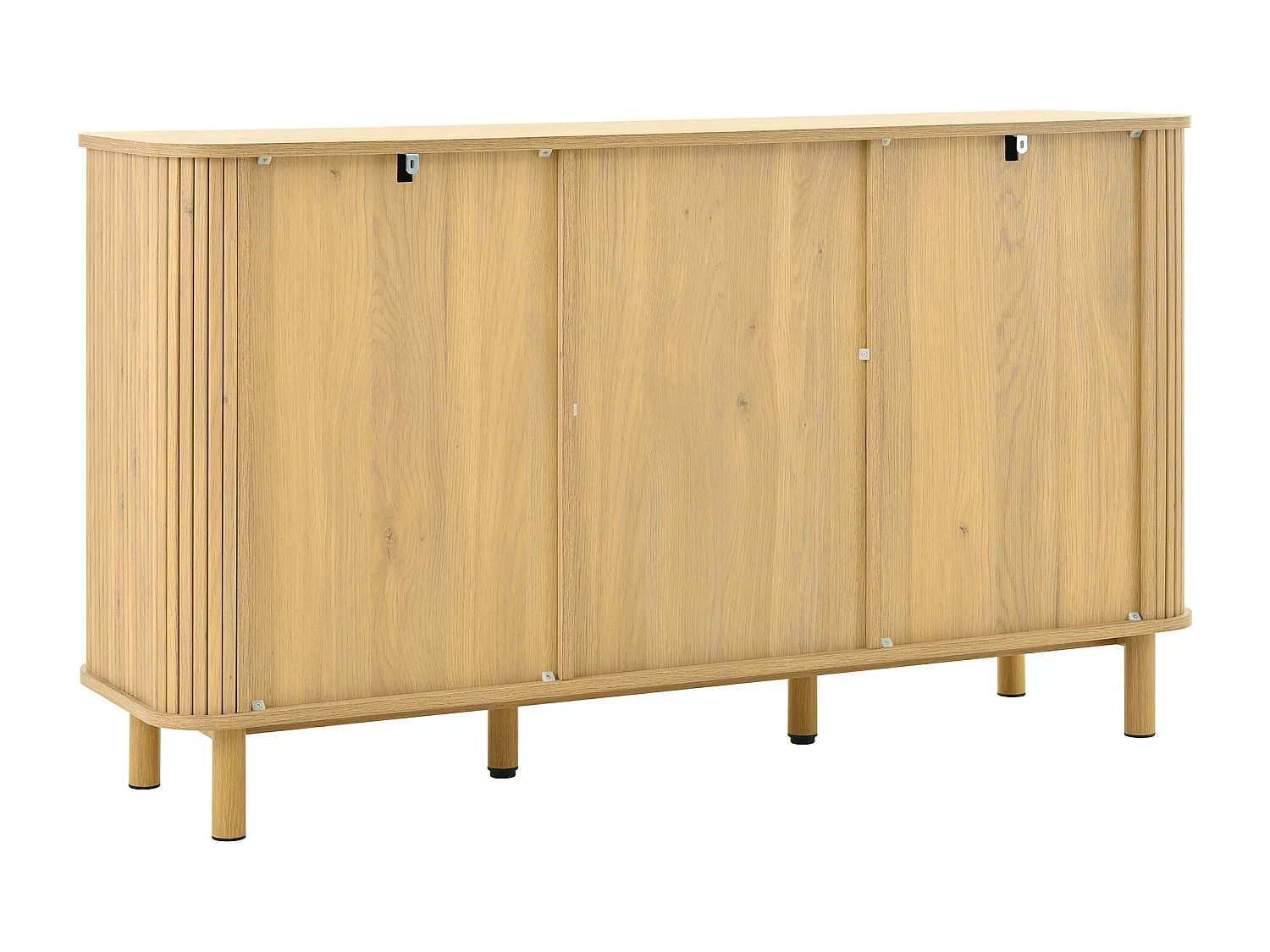 Licht naturel dressoir met 3 lades en 2 rotan deuren, poten van metaal met houtlook, 140x40x80cm