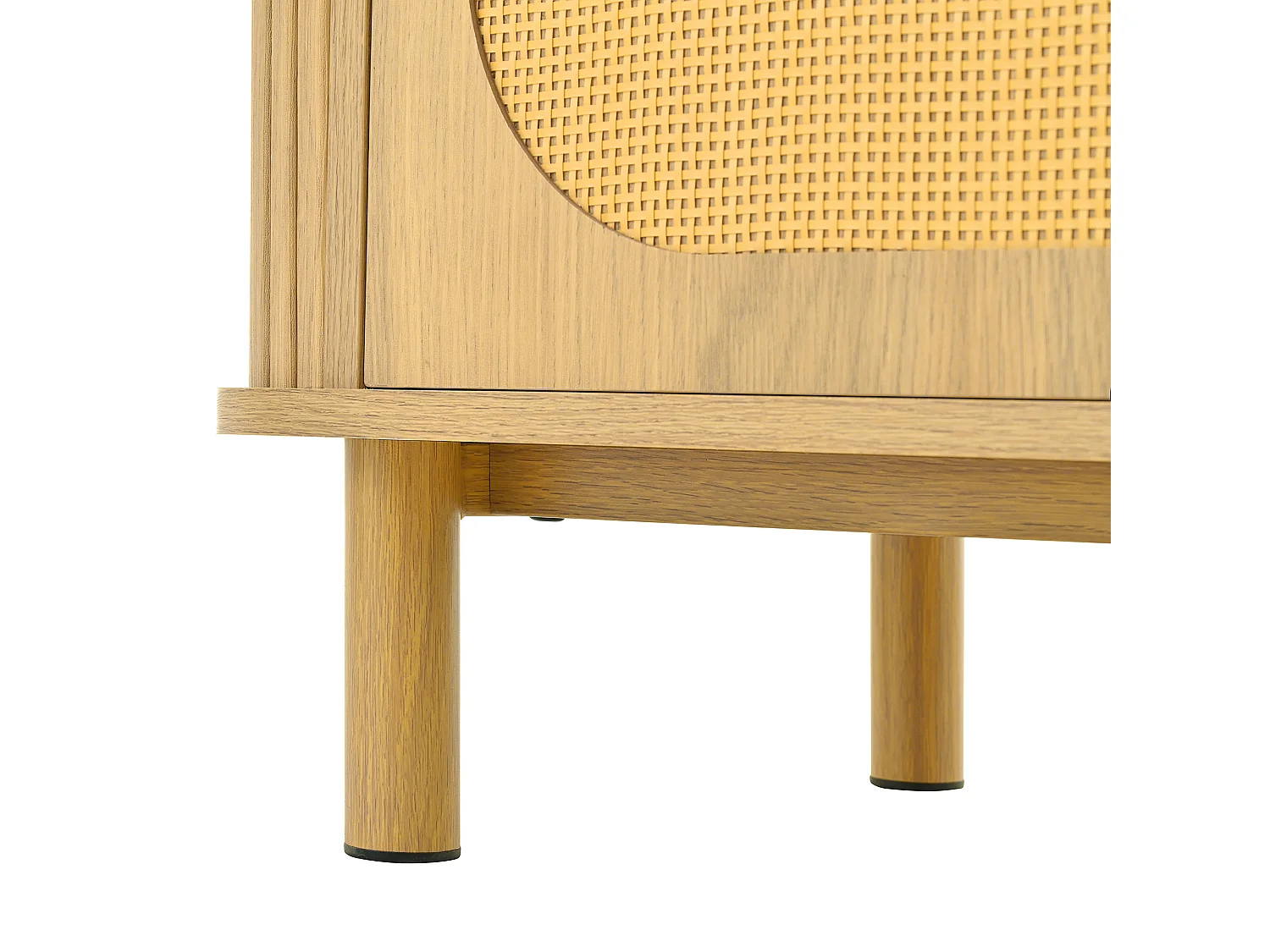 Licht naturel dressoir met 3 lades en 2 rotan deuren, poten van metaal met houtlook, 140x40x80cm