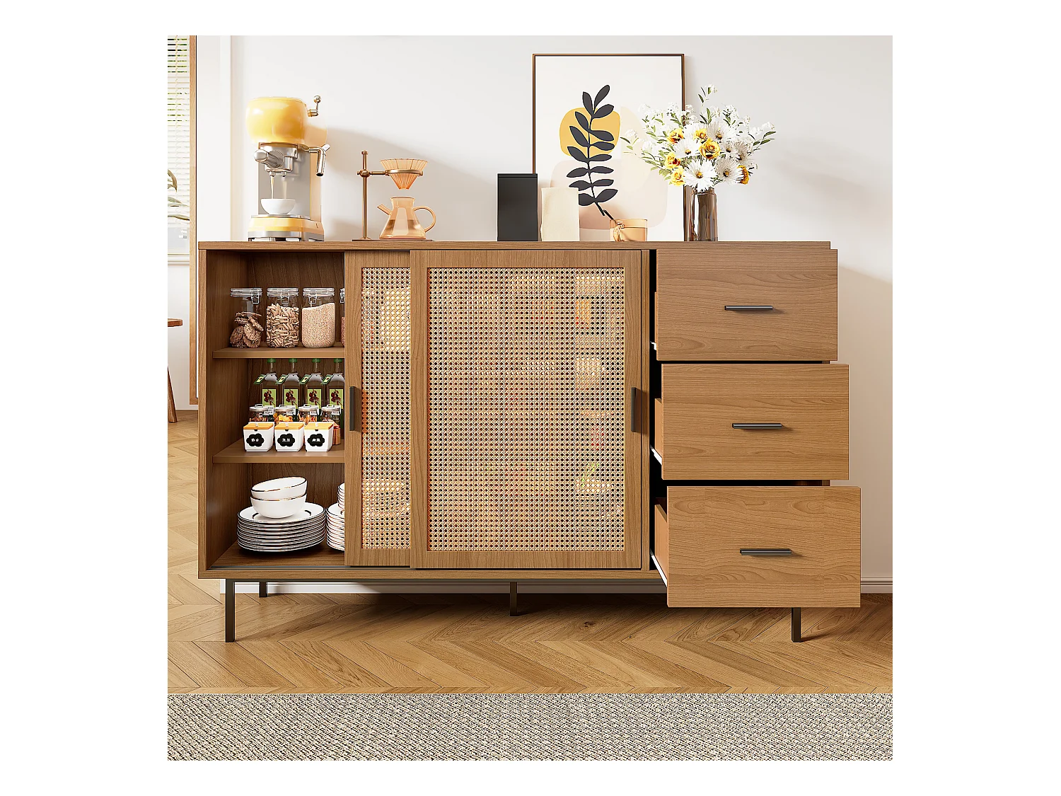 Buffet naturel avec 2 portes coulissantes et 3 tiroirs, étagères réglables 140x37x91 cm