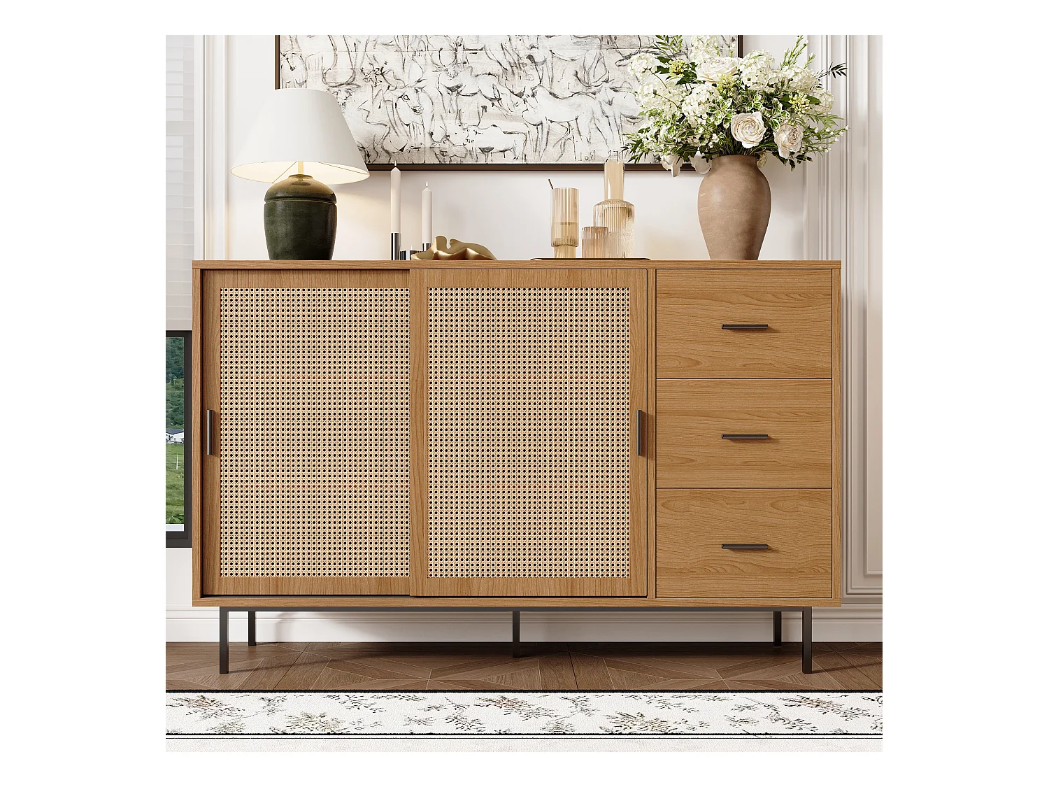 Buffet naturel avec 2 portes coulissantes et 3 tiroirs, étagères réglables 140x37x91 cm