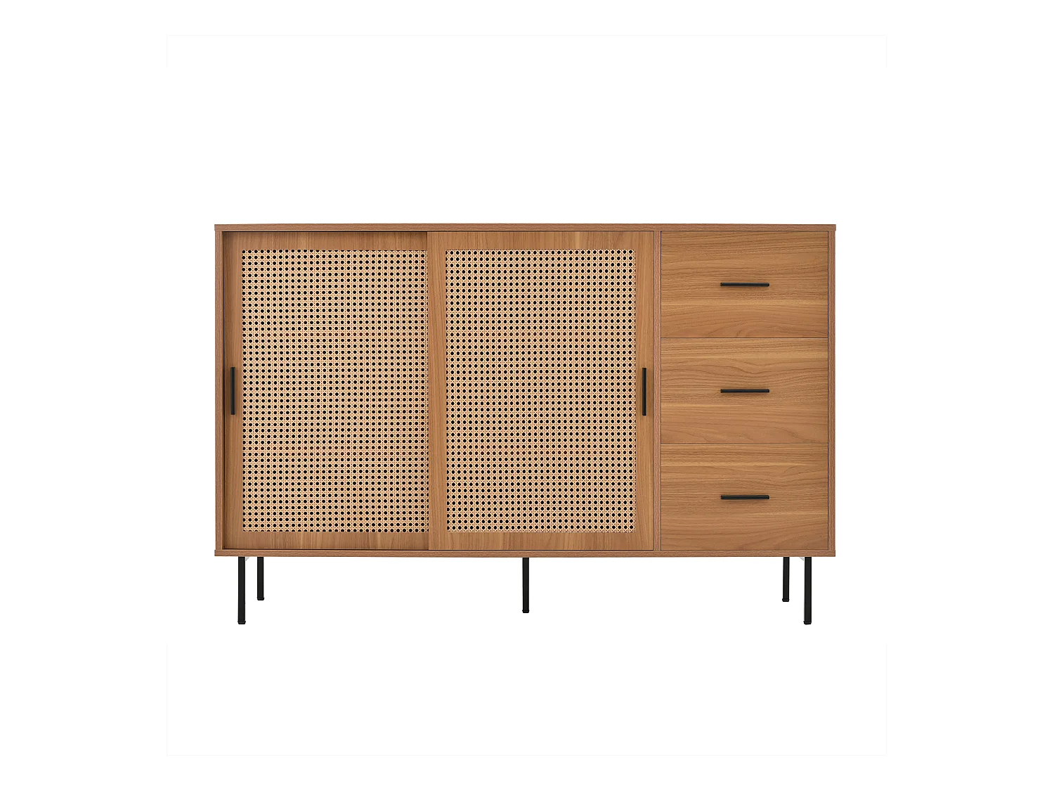 Buffet naturel avec 2 portes coulissantes et 3 tiroirs, étagères réglables 140x37x91 cm