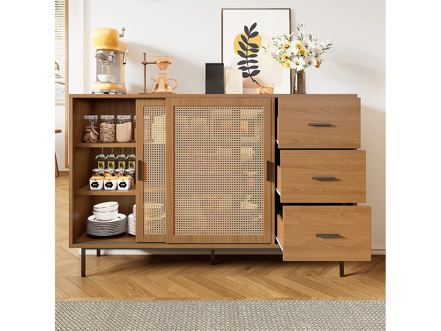 Buffet naturel avec 2 portes coulissantes et 3 tiroirs, étagères réglables 140x37x91 cm