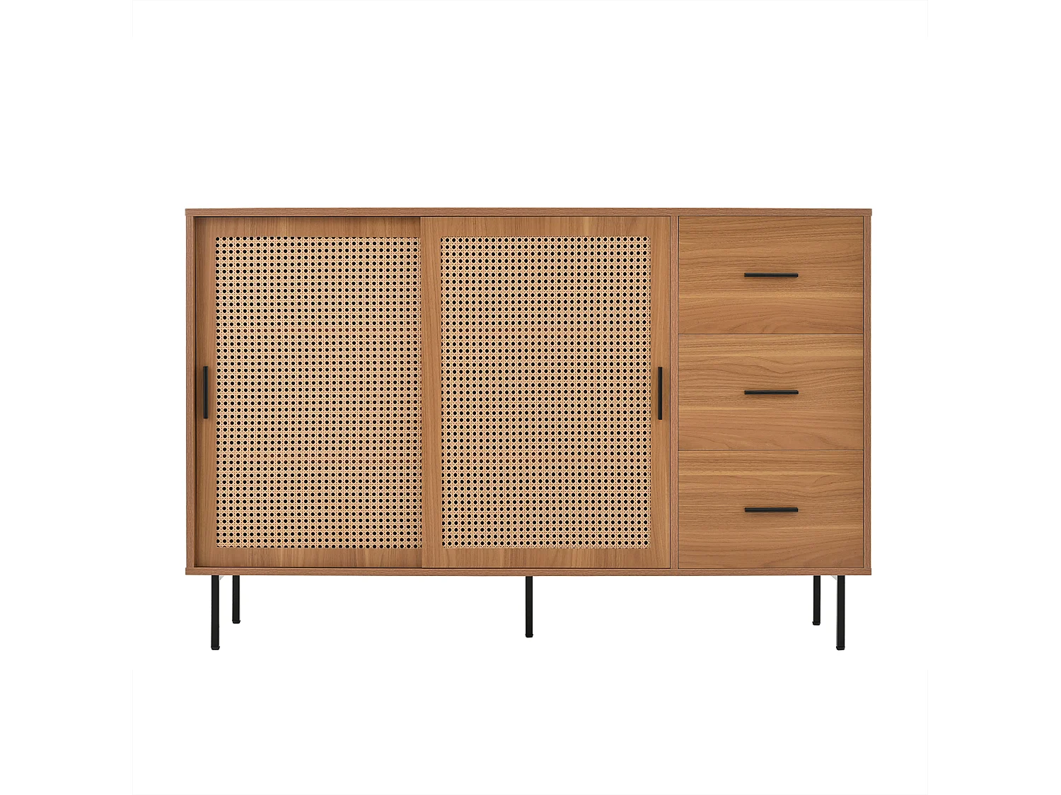 Buffet naturel avec 2 portes coulissantes et 3 tiroirs, étagères réglables 140x37x91 cm