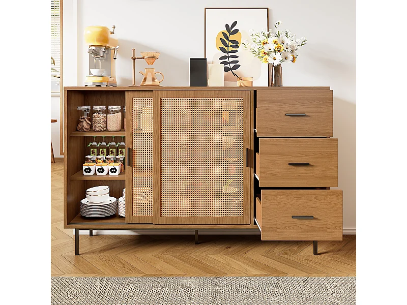 Natuurlijke dressoir met 2 schuifdeuren en 3 lades, verstelbare planken 140x37x91 cm