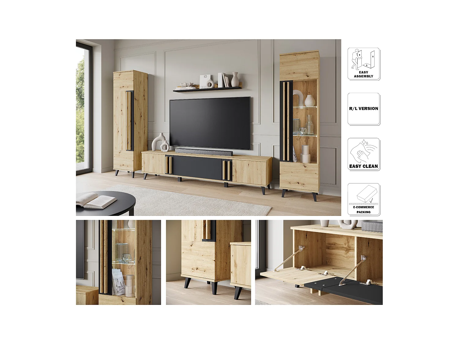 MINIO go for it, Meuble mural HURON II chêne artisan/noir avec éclairage LED