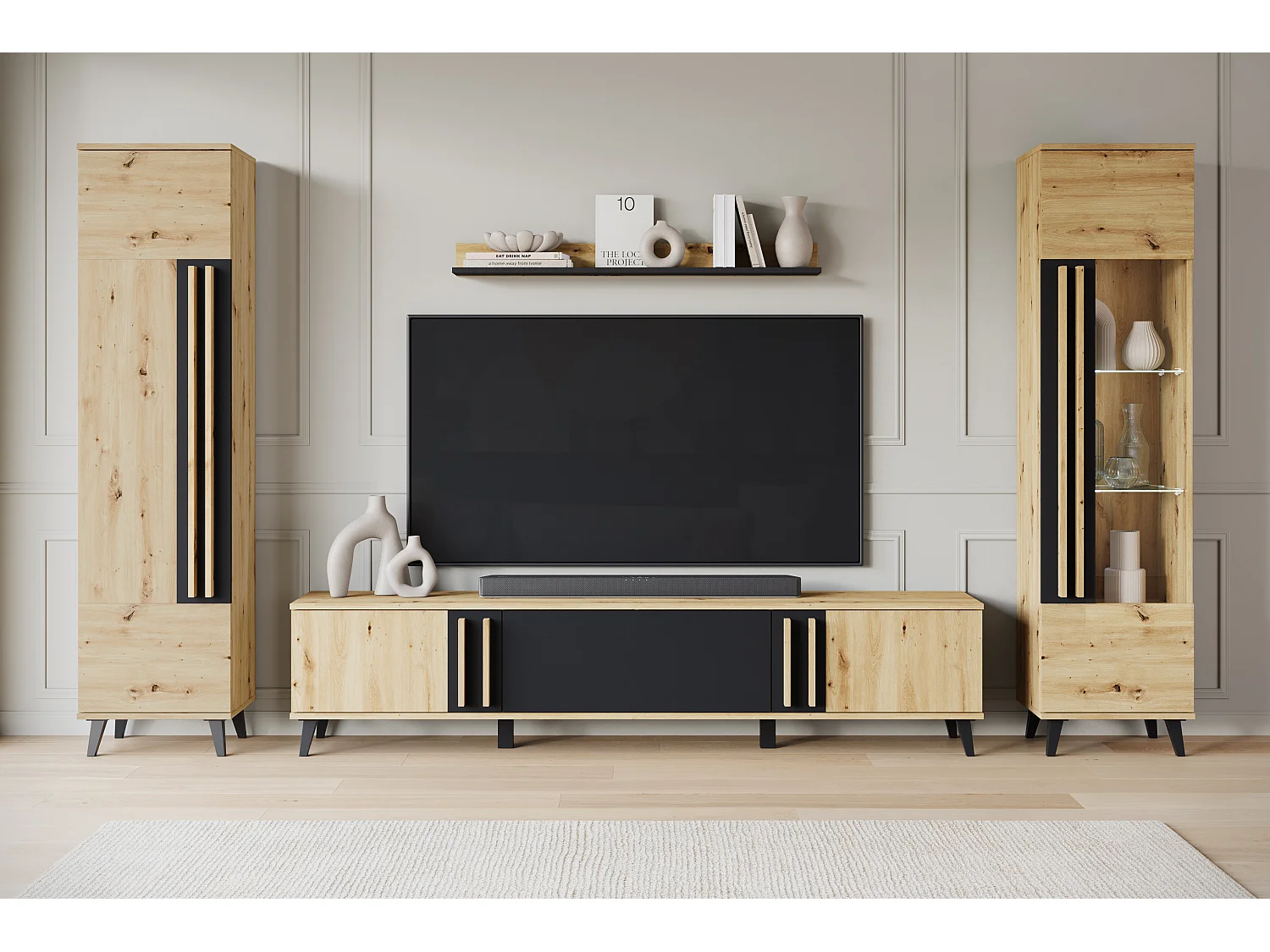 MINIO go for it, Meuble mural HURON II chêne artisan/noir avec éclairage LED