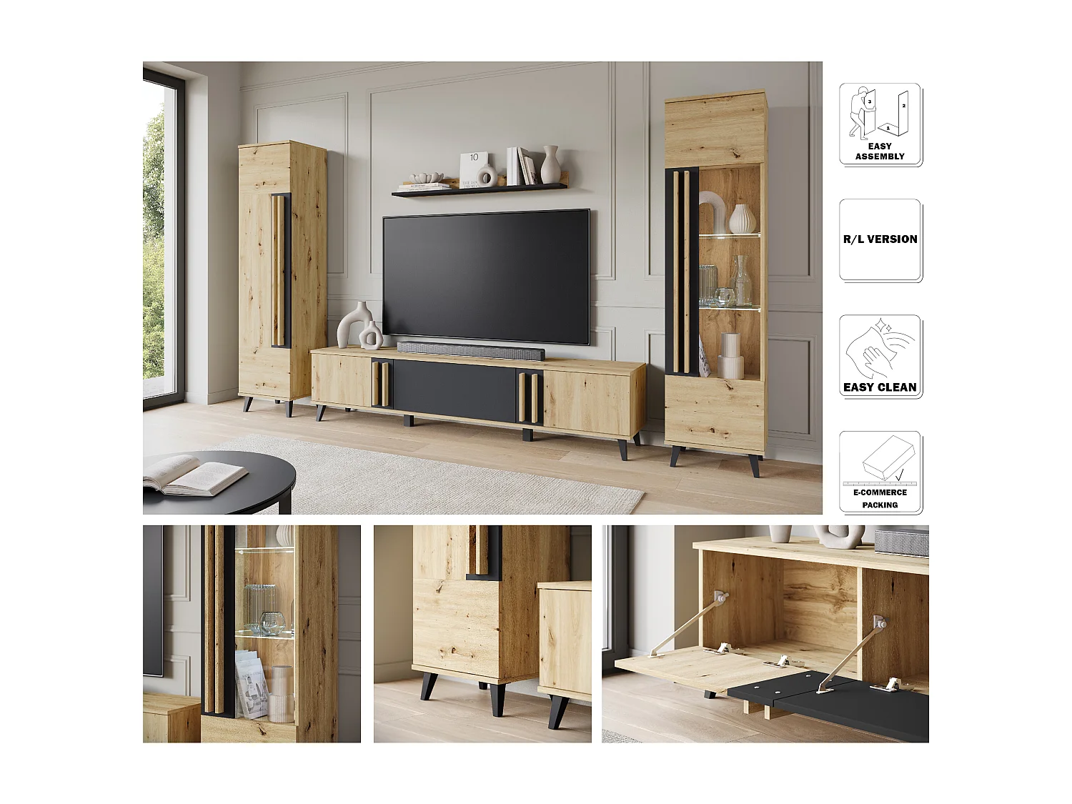 MINIO go for it, Meuble mural HURON II chêne artisan/noir avec éclairage LED