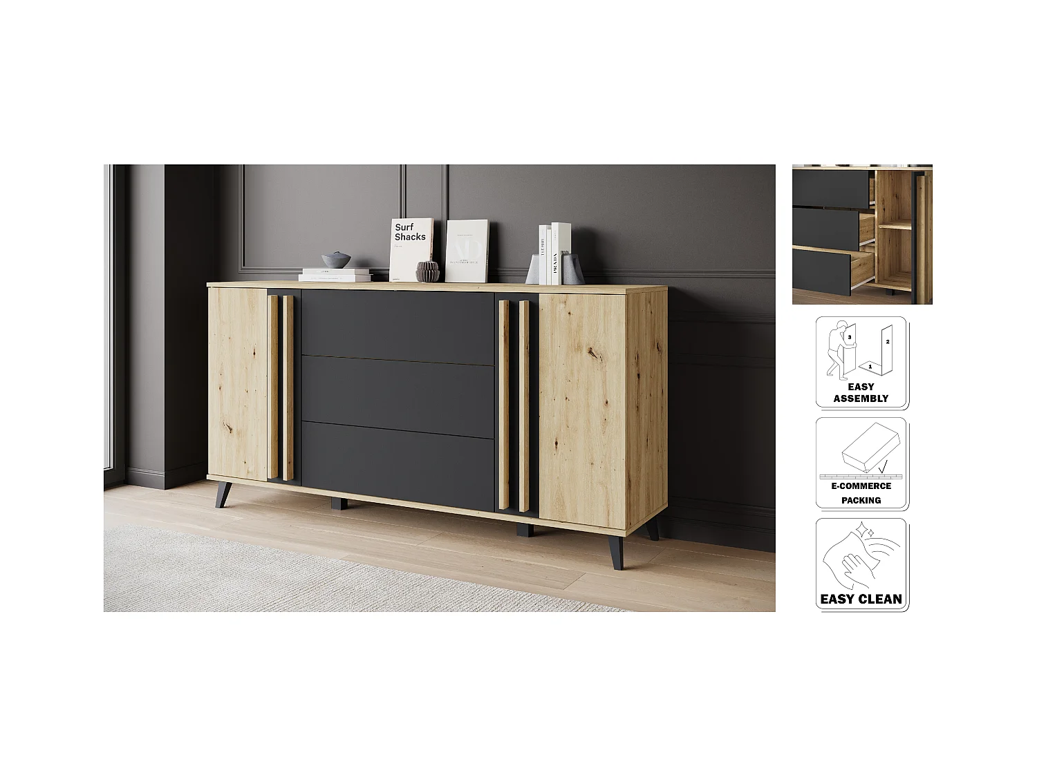 MINIO go for it, Commode HURON 150 cm chêne artisan/noir