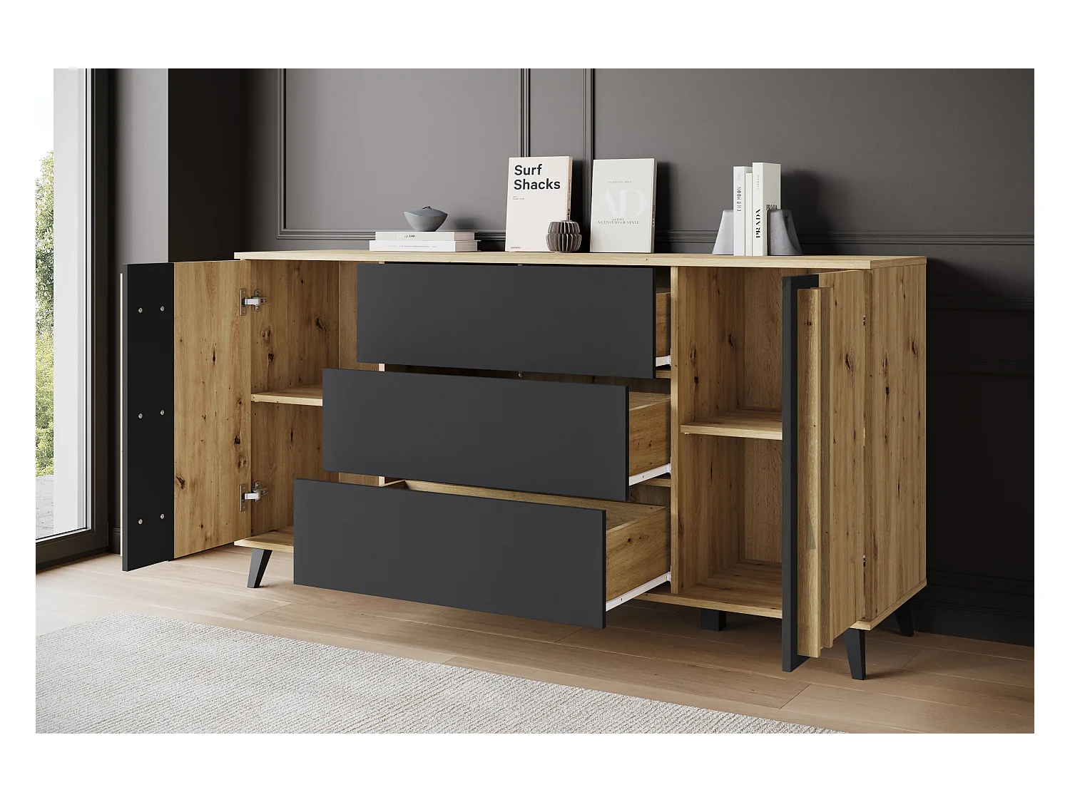 MINIO go for it, Kommode HURON 150 cm Eiche Artisan/Schwarz