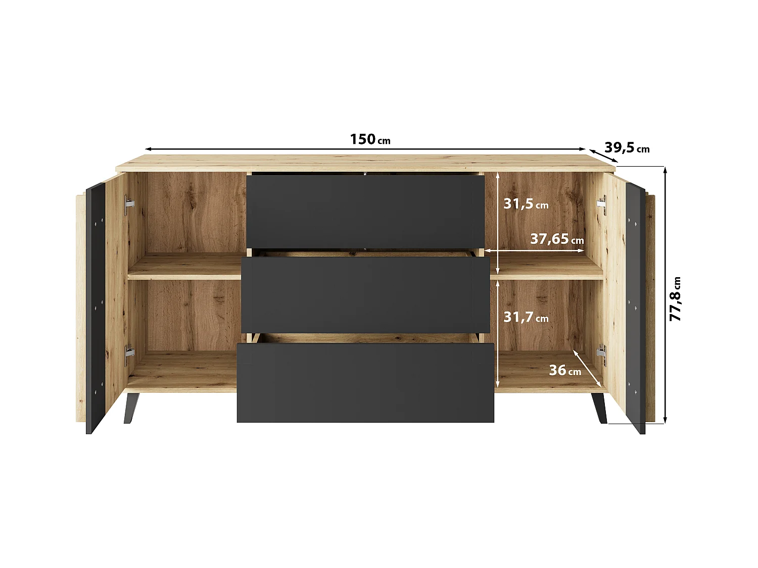 MINIO go for it, Kommode HURON 150 cm Eiche Artisan/Schwarz