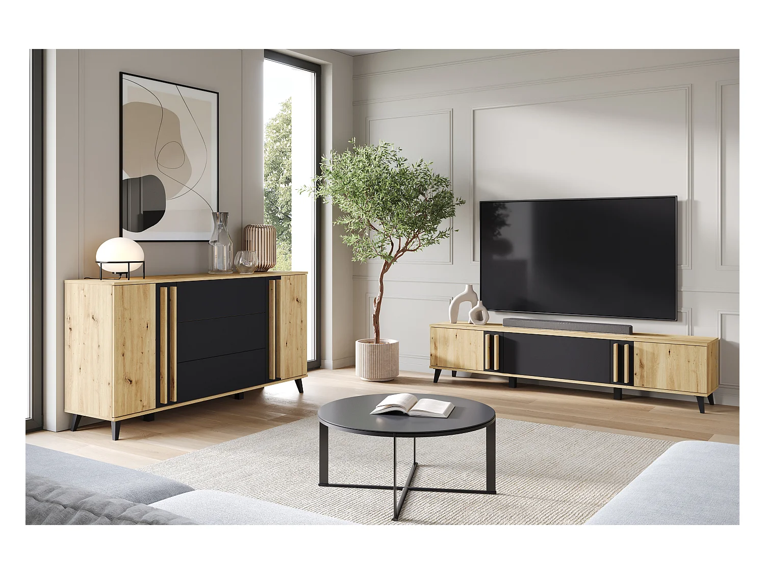 MINIO go for it, Kommode HURON 150 cm Eiche Artisan/Schwarz