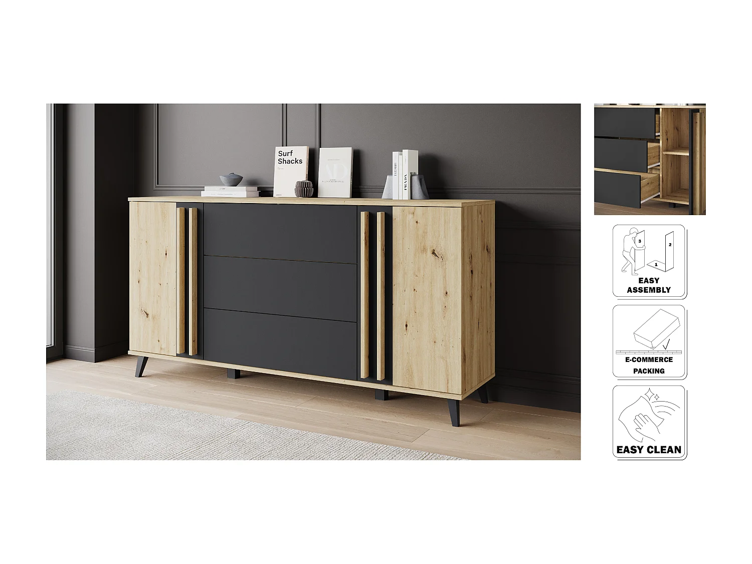 MINIO go for it, Commode HURON 150 cm chêne artisan/noir