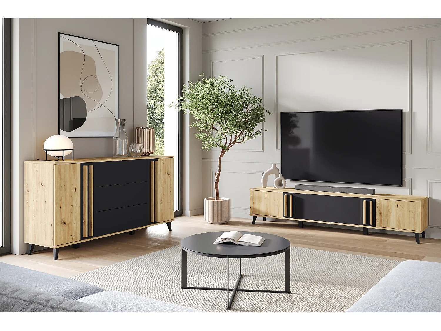 MINIO go for it, Commode HURON 150 cm chêne artisan/noir