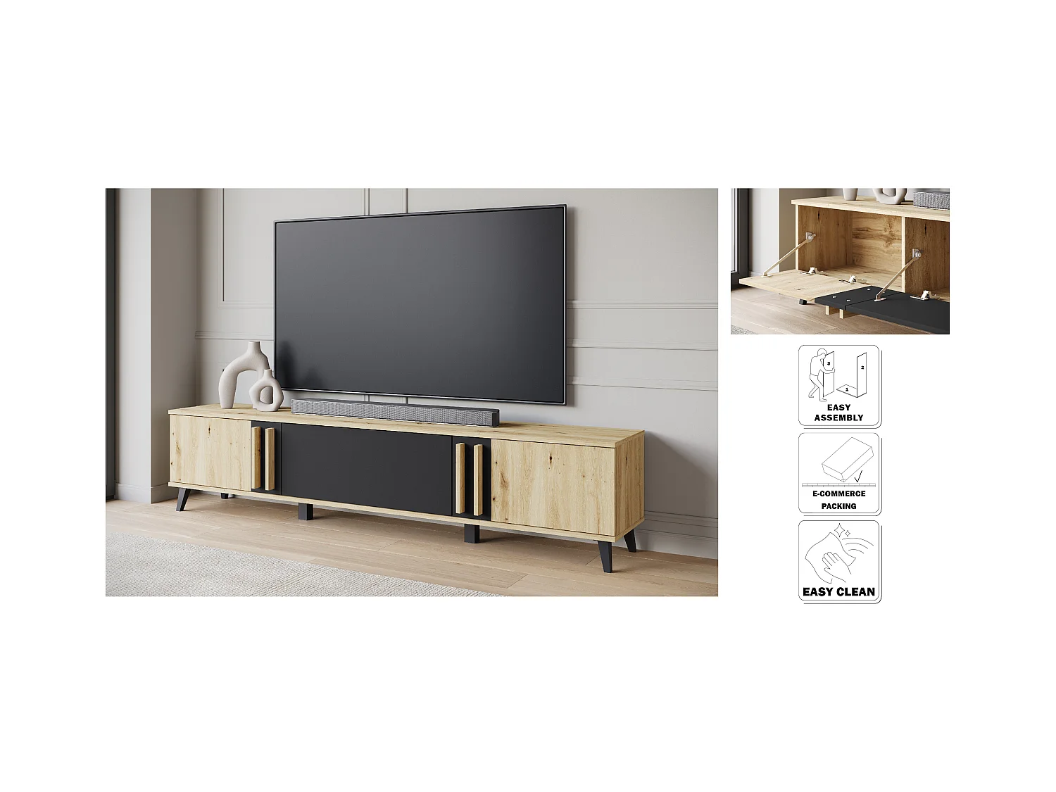 MINIO go for it, Meuble TV HURON 180 cm chêne artisan/noir