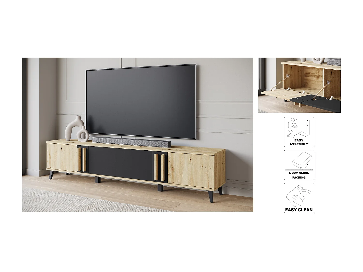 MINIO go for it, Szafka rtv HURON 180 cm dąb artisan/czarny