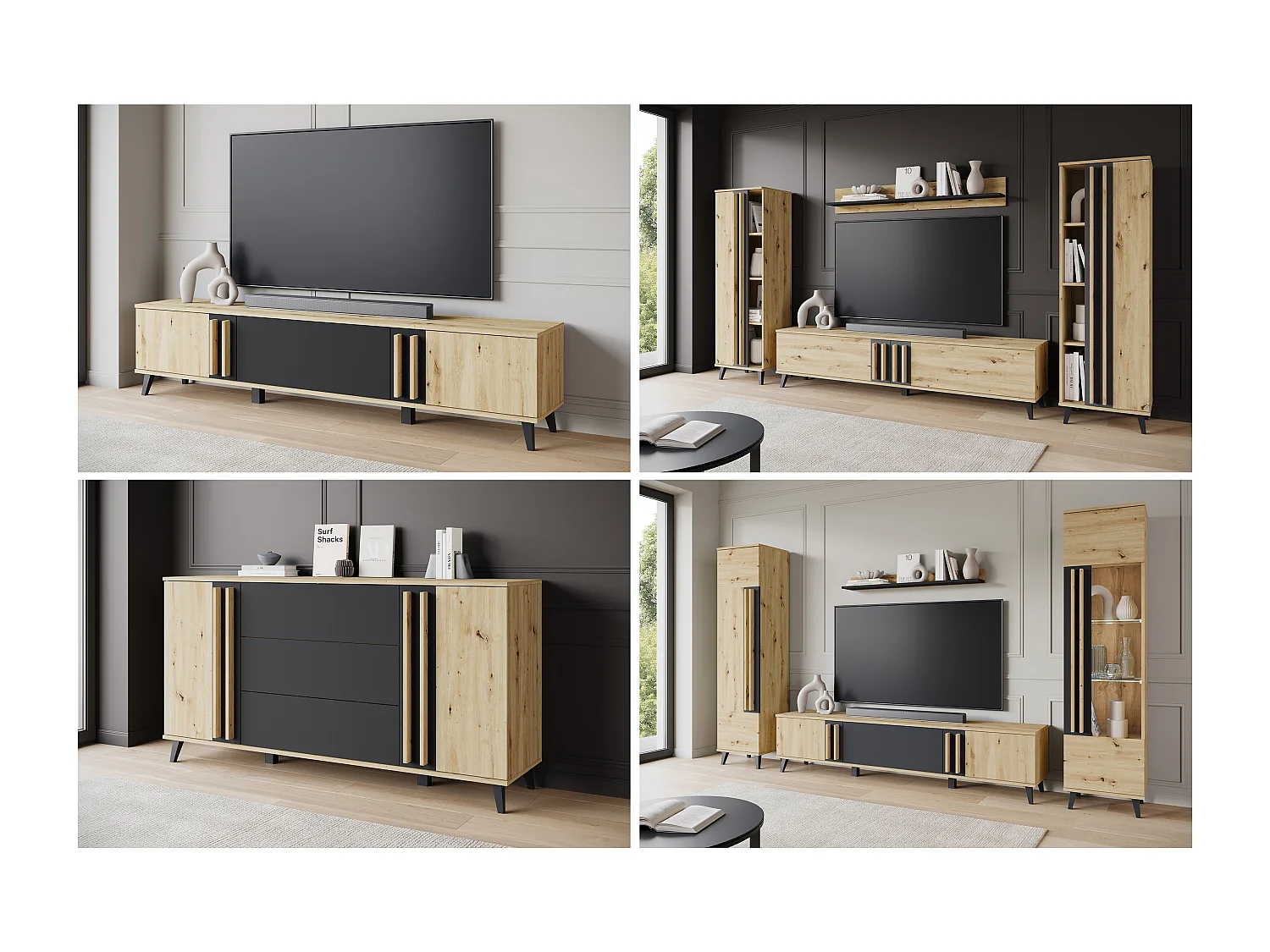 MINIO go for it, Szafka rtv HURON 180 cm dąb artisan/czarny