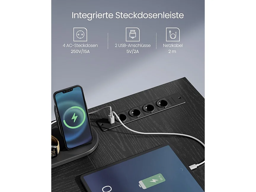 L-formet skrivebord med stikkontakter ibenholt sort