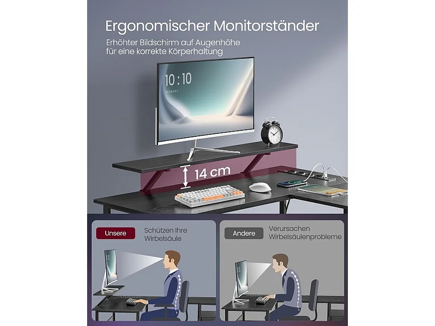 L-formet skrivebord med stikkontakter ibenholt sort
