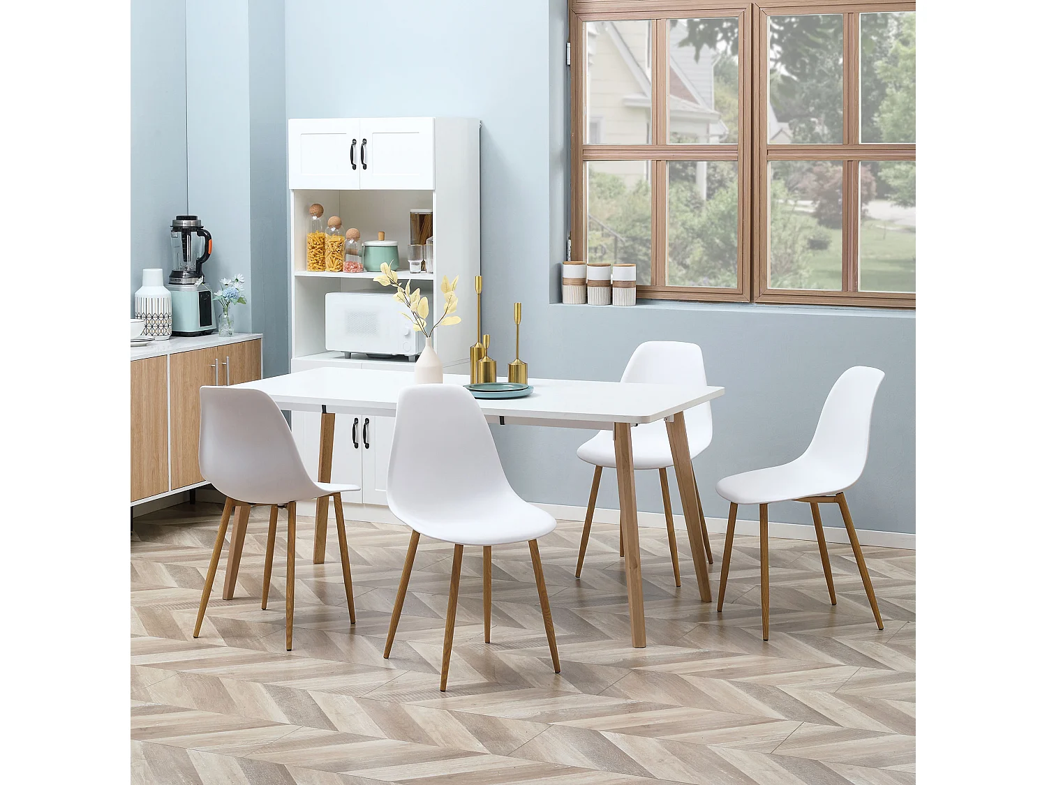 Lot 4 chaises de salle à manger en plastique avec pieds métal effet bois design moderne blanc naturel 45x52x85,5 cm