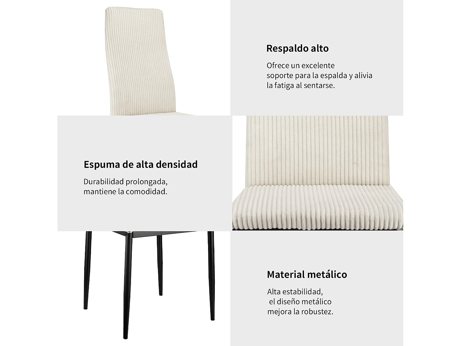 Silla de comedor con respaldo alto, tela acanalada y estructura de metal beige, juego de 4