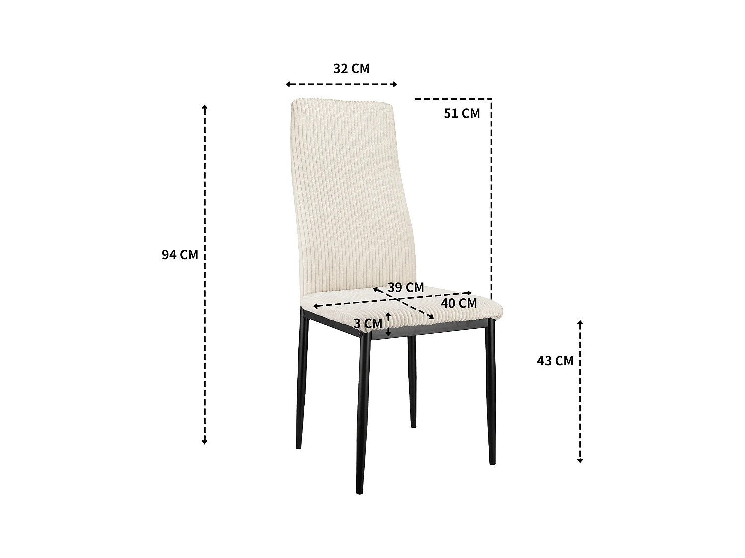 Chaise salle à manger haut dossier rembourrée tessuto côtelé struttura metallo beige lotto di 4