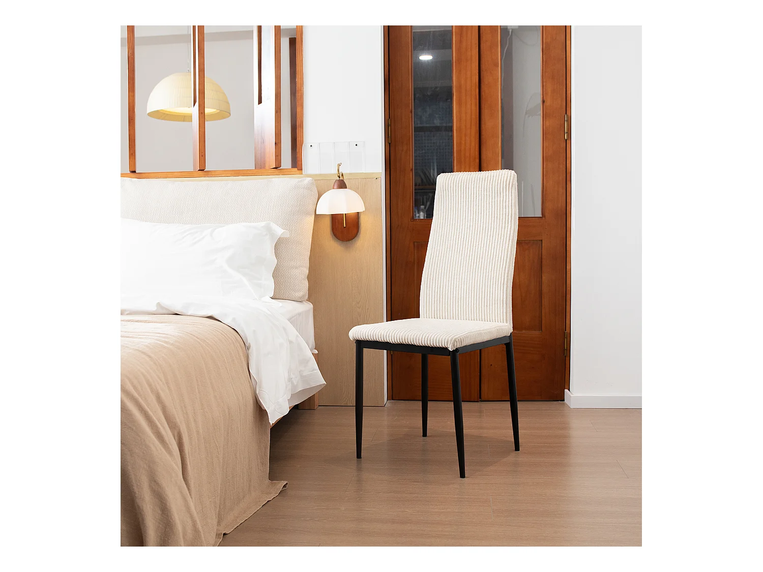 Chaise salle à manger haut dossier rembourrée tessuto côtelé struttura metallo beige lotto di 4