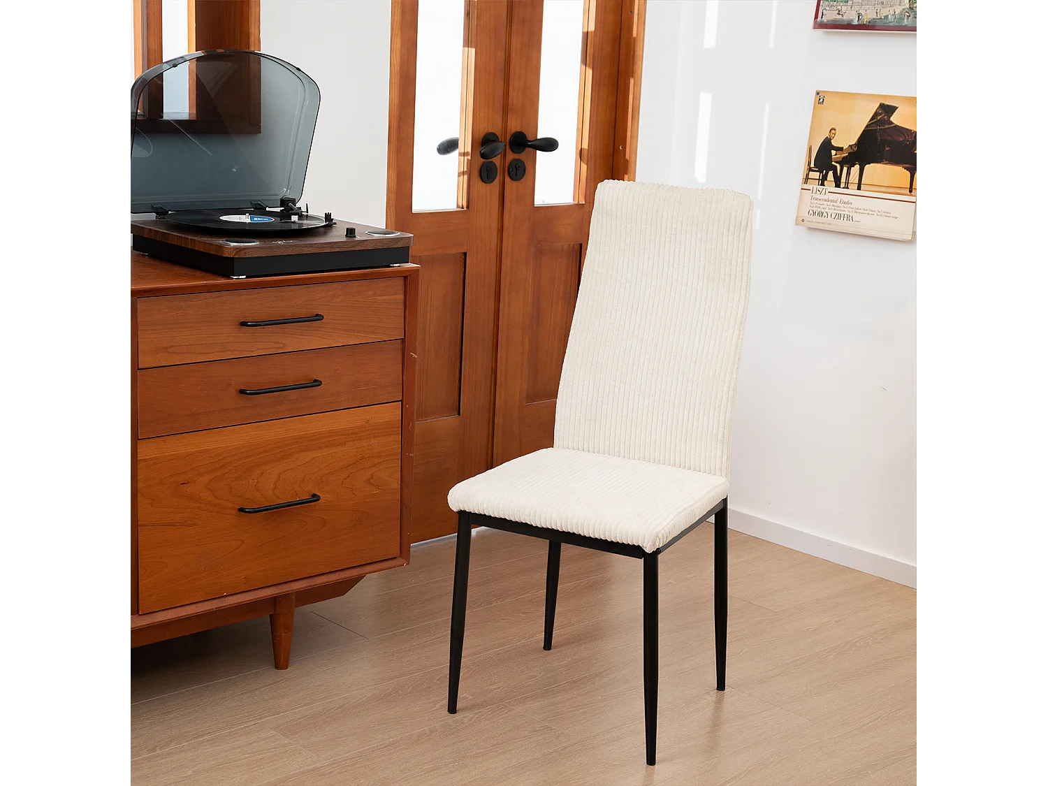 Chaise salle à manger haut dossier rembourrée tissu côtelé structure métal beige lot de 4