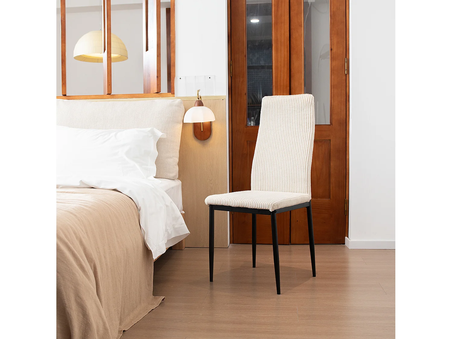 Chaise salle à manger haut dossier rembourrée tissu côtelé structure métal beige lot de 4