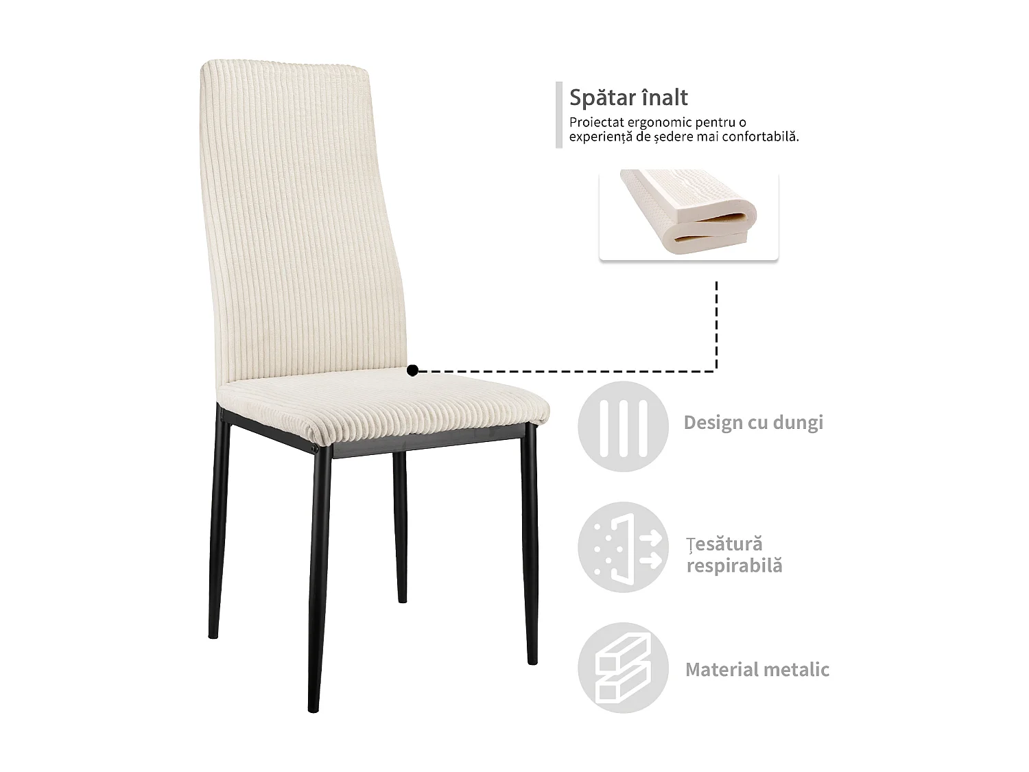 Chaise salle à manger haut dossier rembourrée tissu côtelé structure métal beige lot de 4