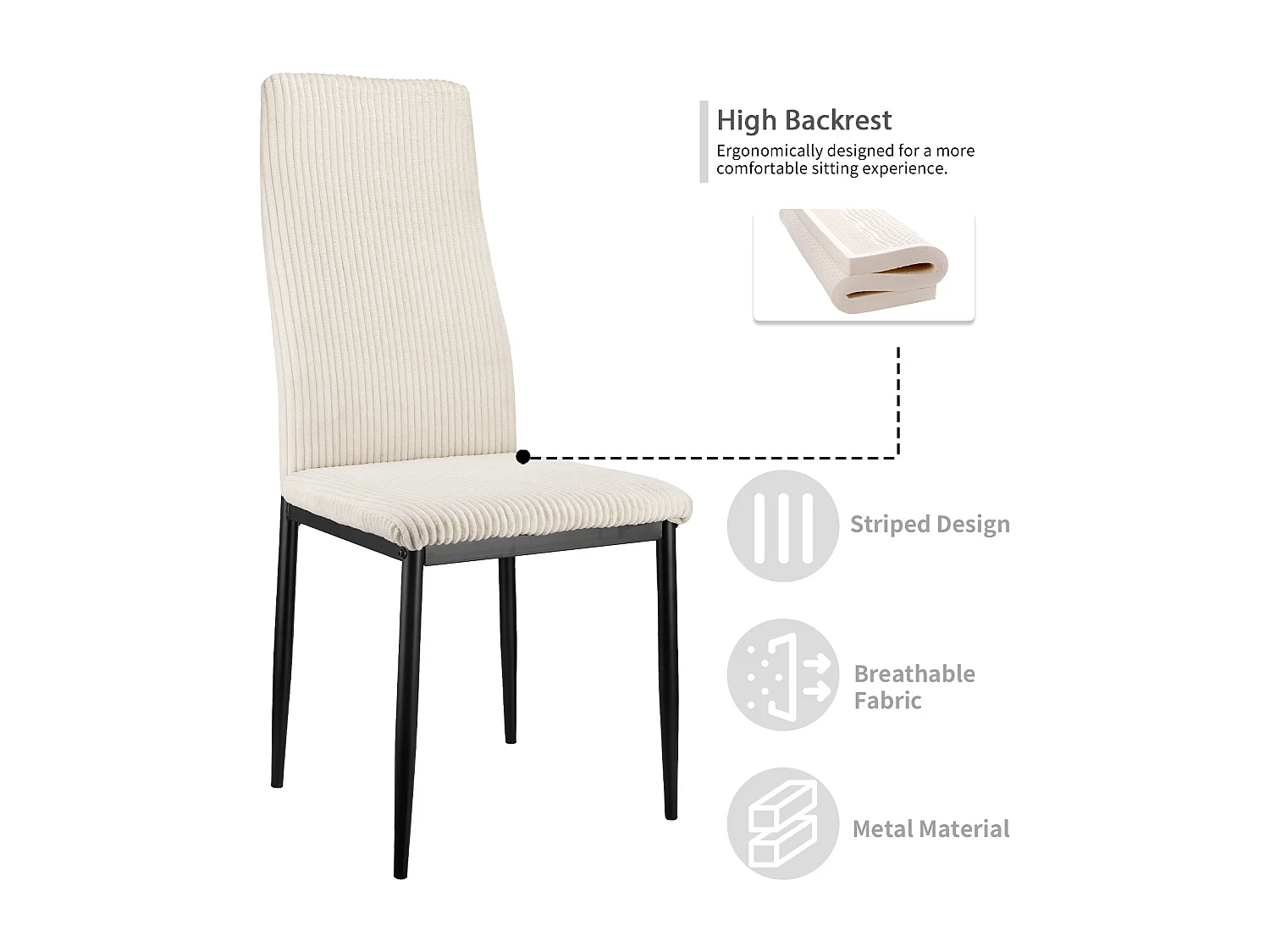 Chaise salle à manger haut dossier rembourrée tissu côtelé structure métal beige lot de 4