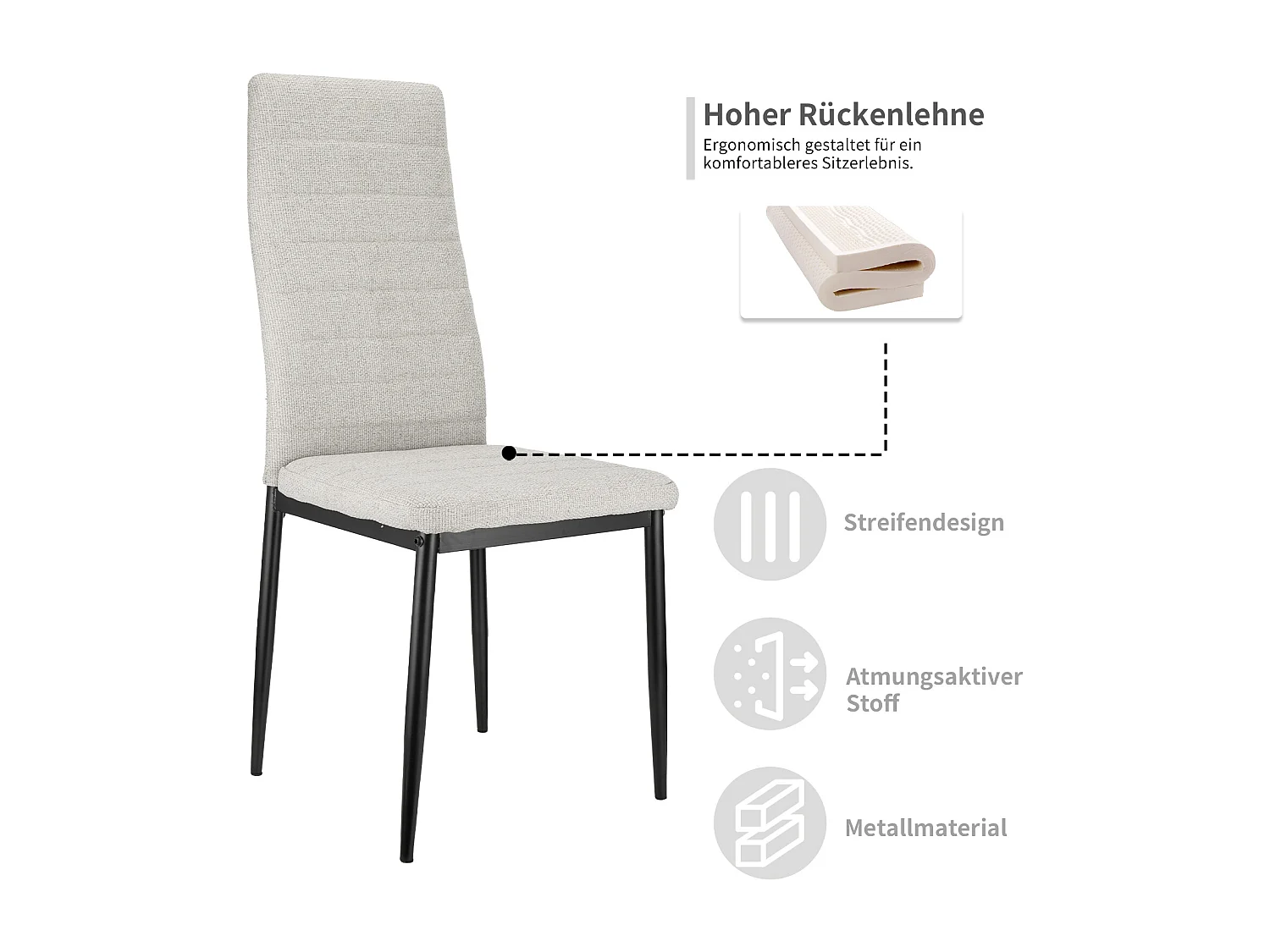 Chaise salle à manger haut dossier rembourrée tessuto grigio struttura metallo lotto de 4 ergonomica