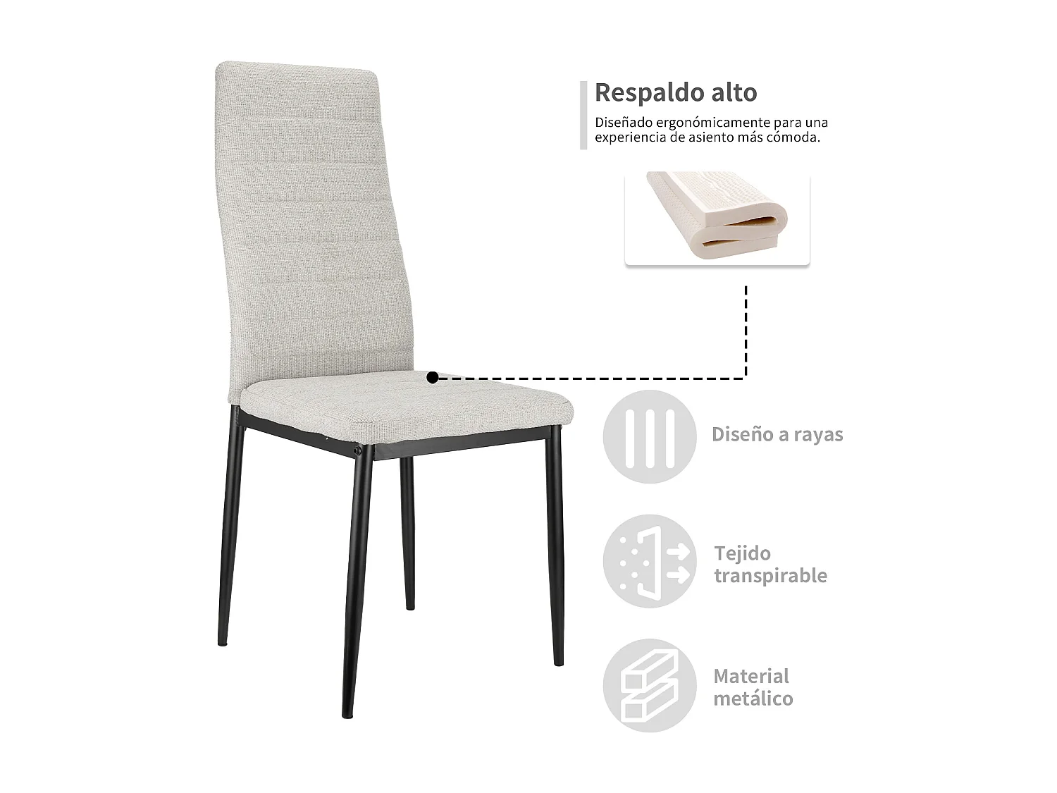 Chaise salle à manger haut dossier rembourrée tessuto grigio struttura metallo lotto de 4 ergonomica