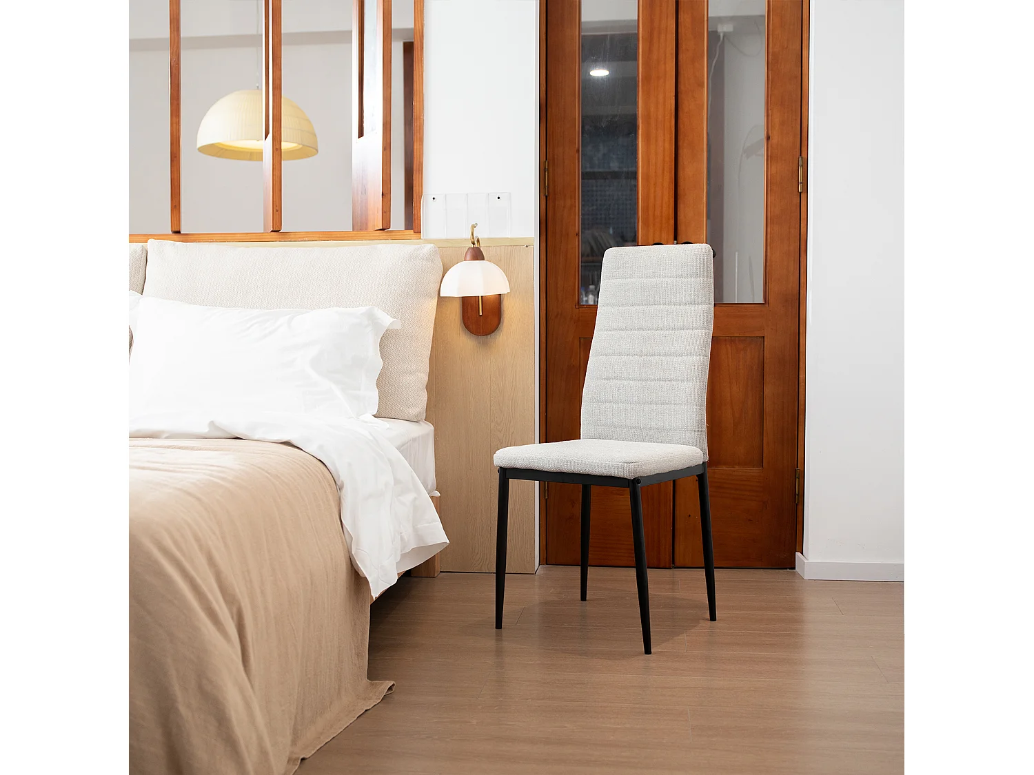 Chaise salle à manger haut dossier rembourrée tissu gris structure métal lot de 4 ergonomique