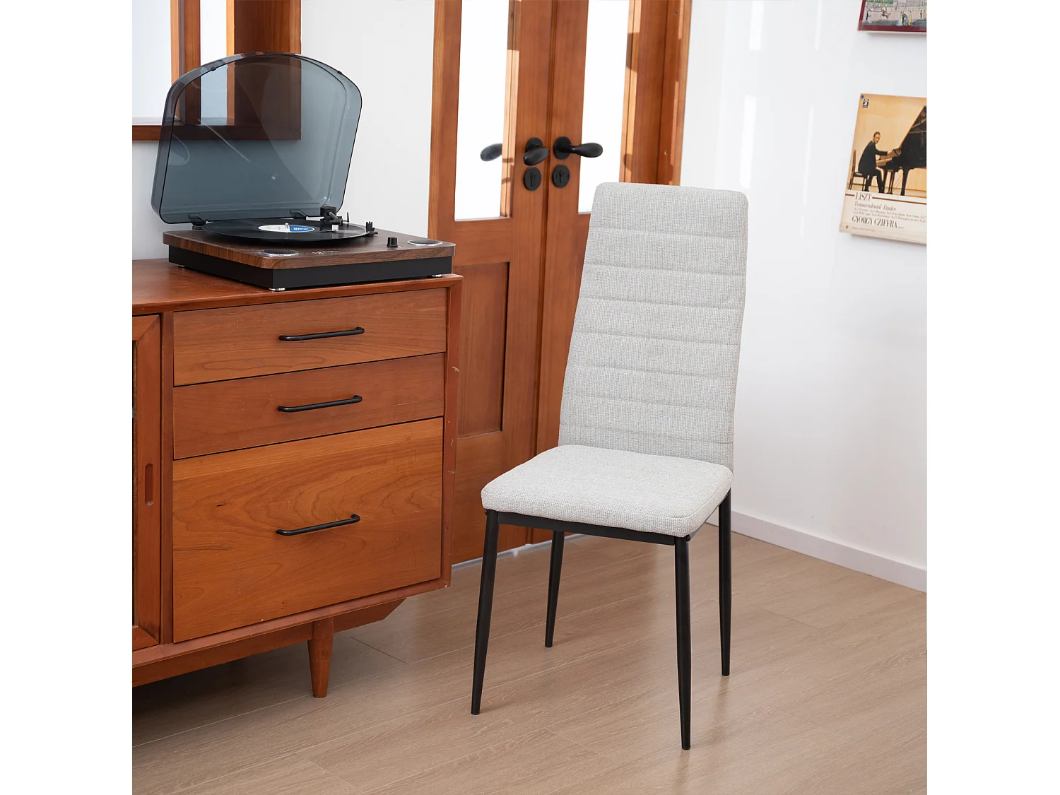 Chaise salle à manger haut dossier rembourrée tissu gris structure métal lot de 4 ergonomique