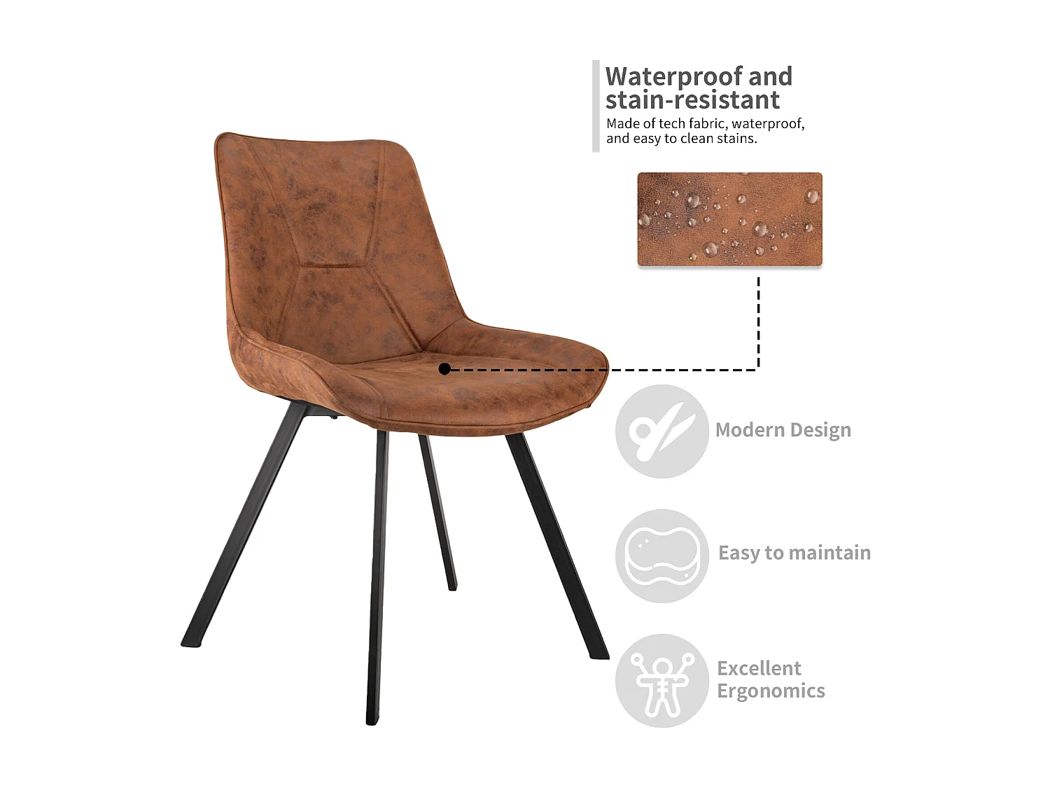 Juego de 2 sillas de comedor de piel sintética marrón con patas metálicas ergonómicas, diseño moderno para salón u oficina