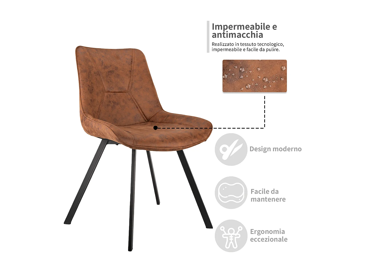 Juego de 2 sillas de comedor de piel sintética marrón con patas metálicas ergonómicas, diseño moderno para salón u oficina